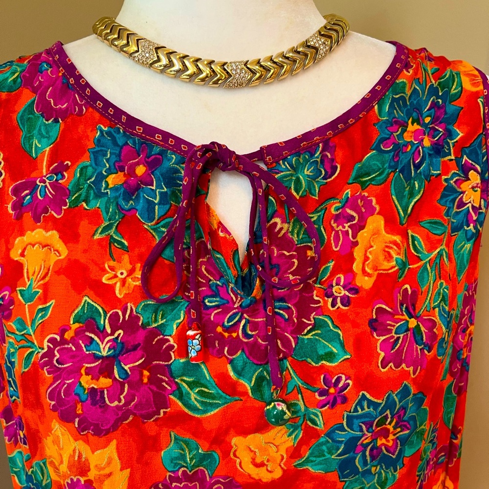 Vintage Carole Little Size L Dress 1990s 🌺 Floral 🧡Maxi  Keyhole Tie Dress